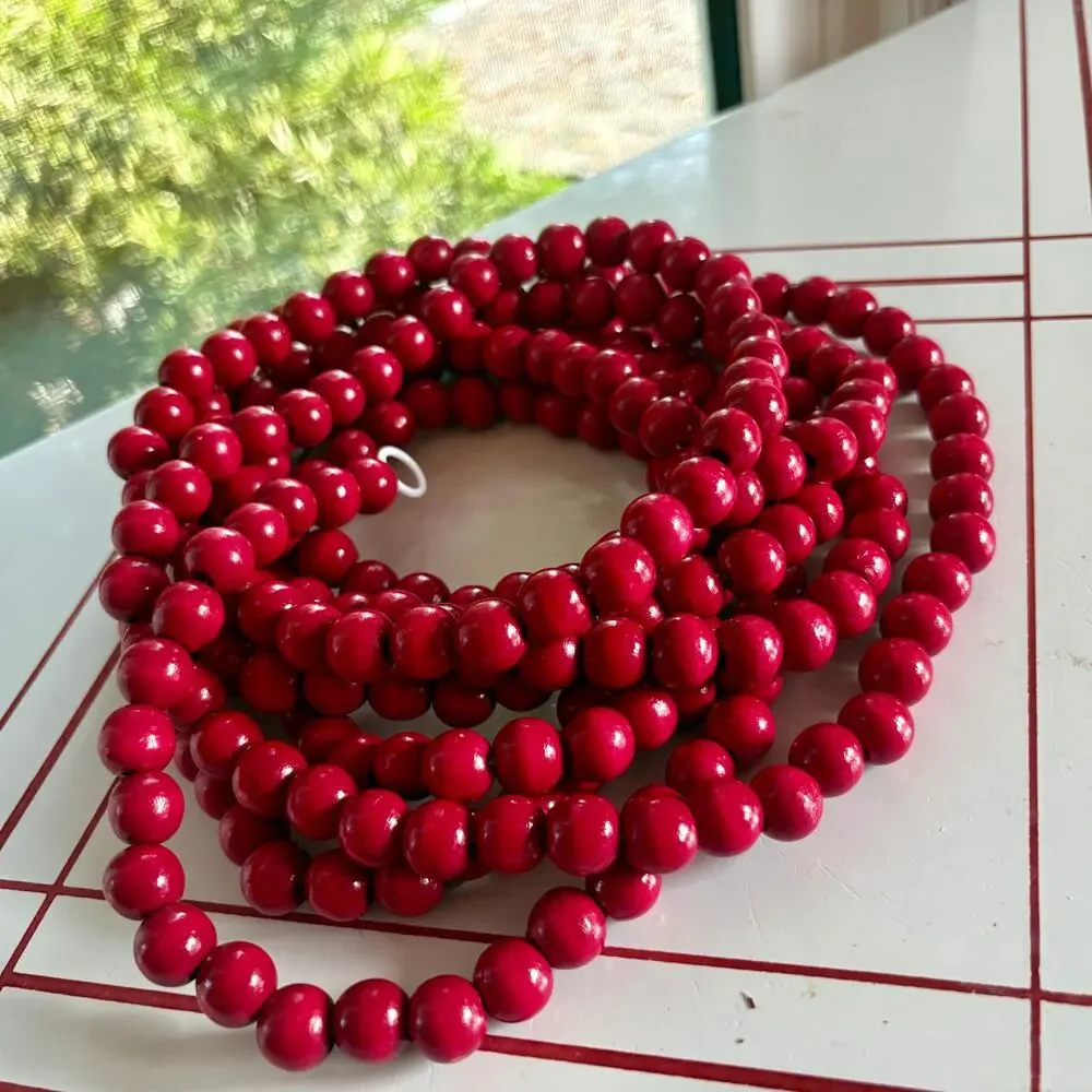 Vintage Bright Red Wooden Bead Garland 12 Ft Rustic Farmhouse Decor